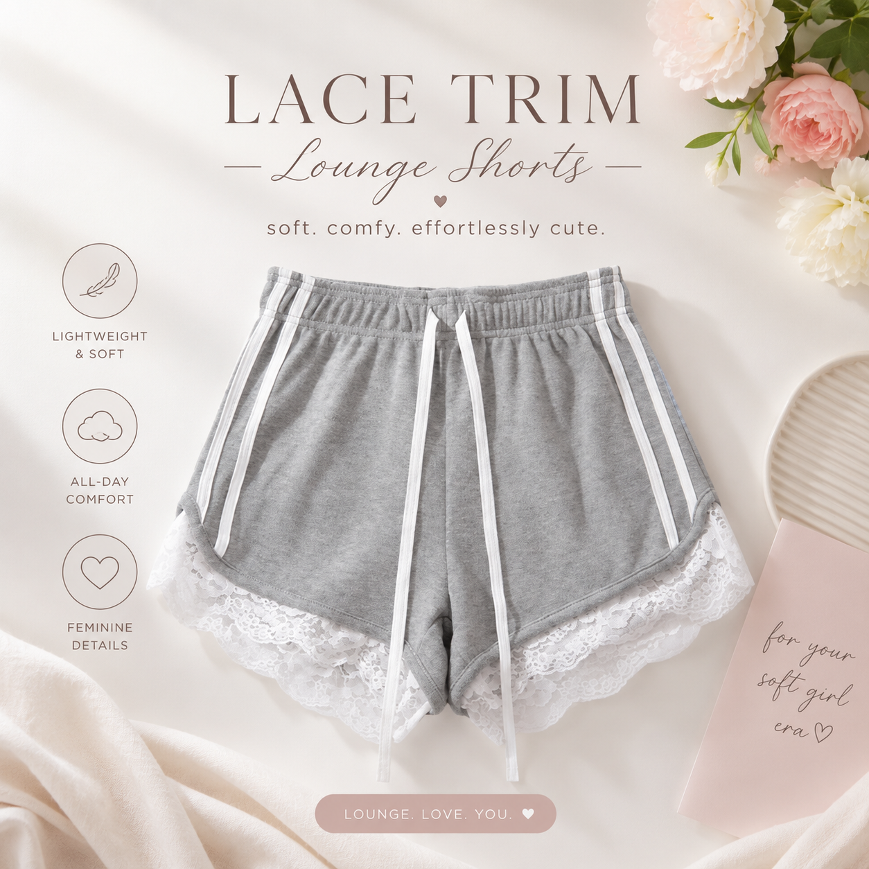 Lace Trim Drawstring Shorts
